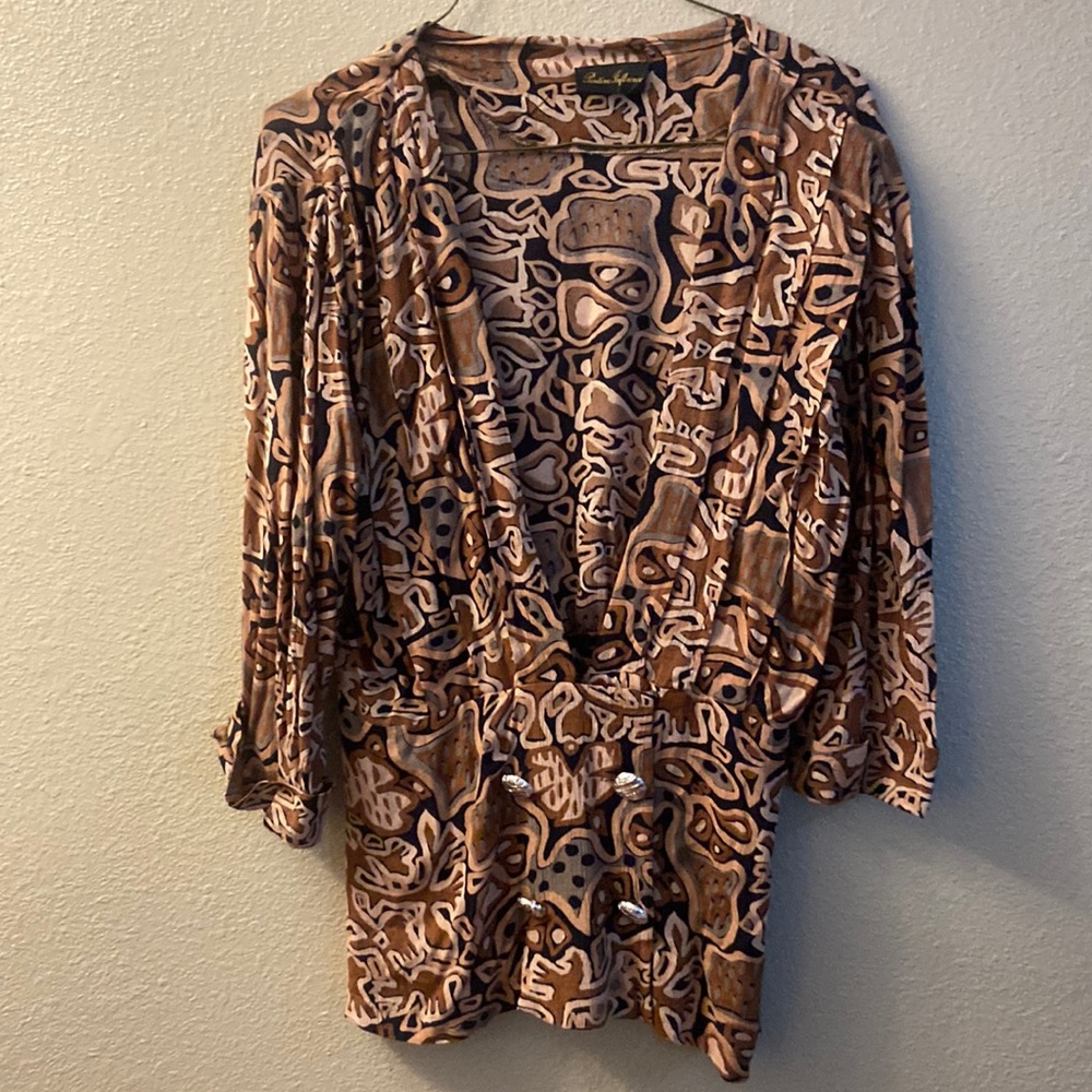 Vintage Long Sleeve Brown Shirt With black Slit Skirt